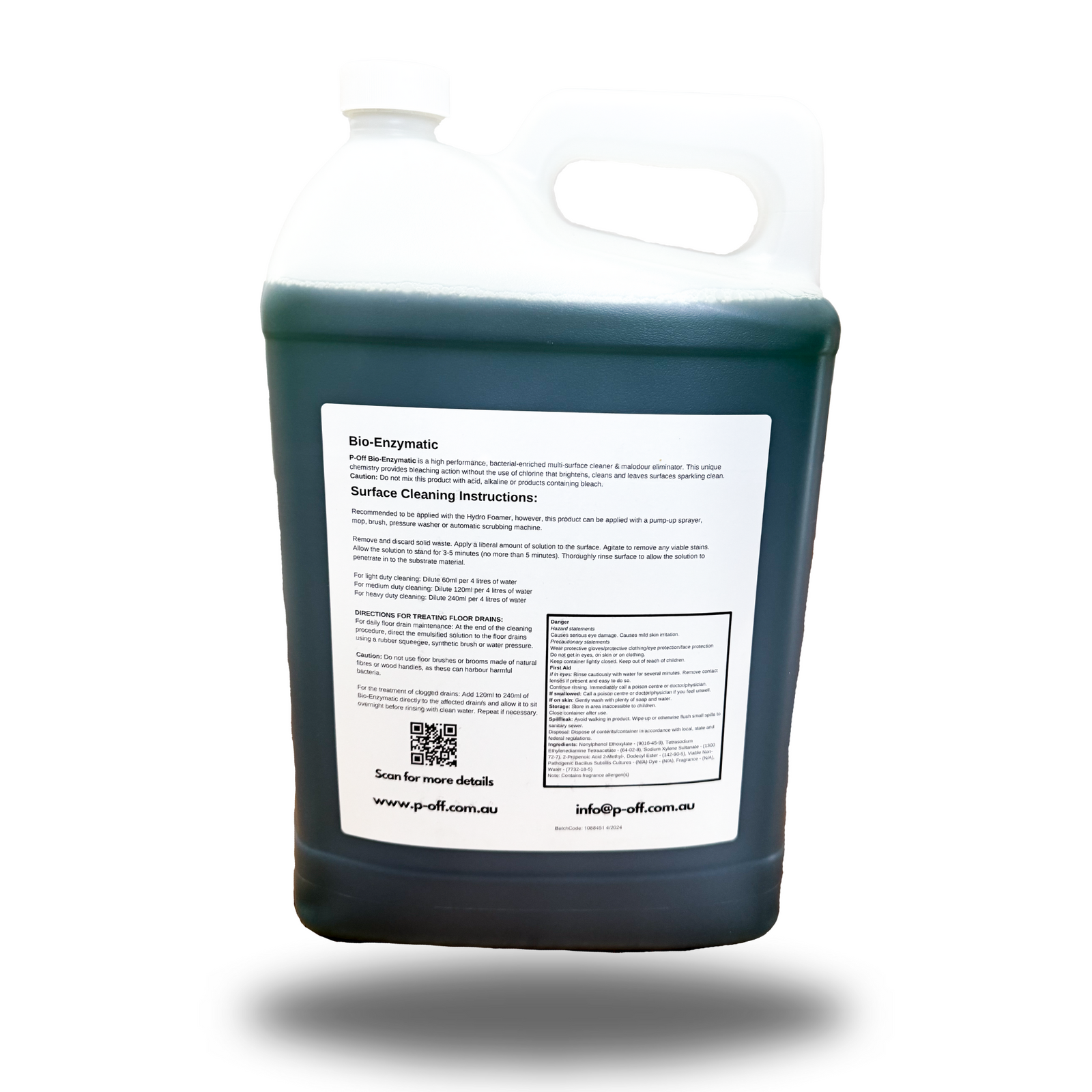 P-Off 9.5L Bio-Enzymatic Cleaner back of product, product label, on white background.