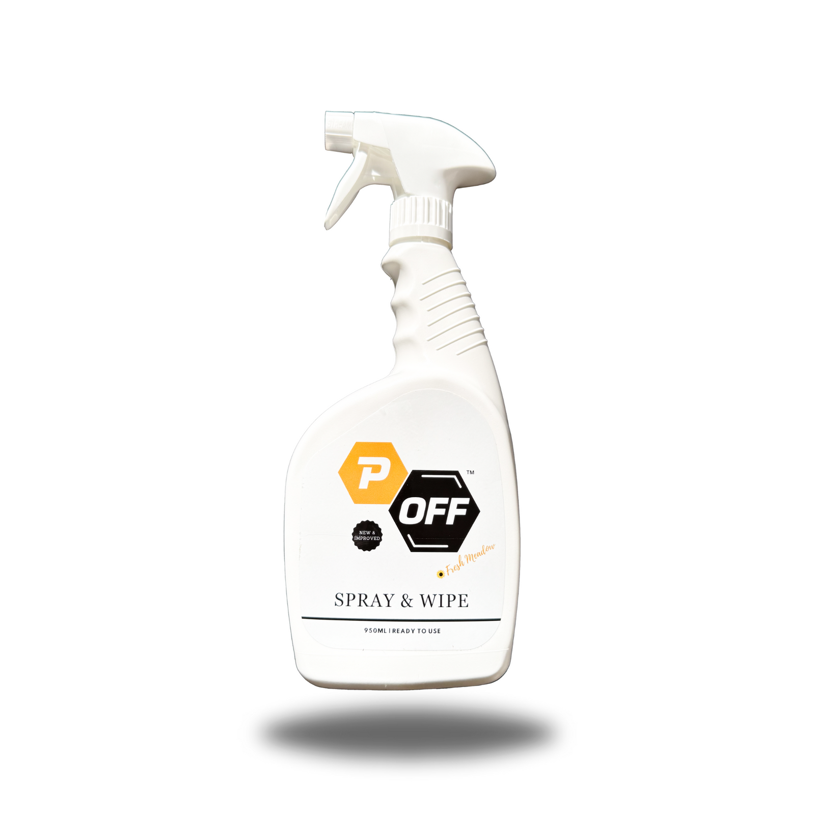 p-off ready to use spray and wipe enzyme spot cleaner spray bottle with white P-Off label on white background.