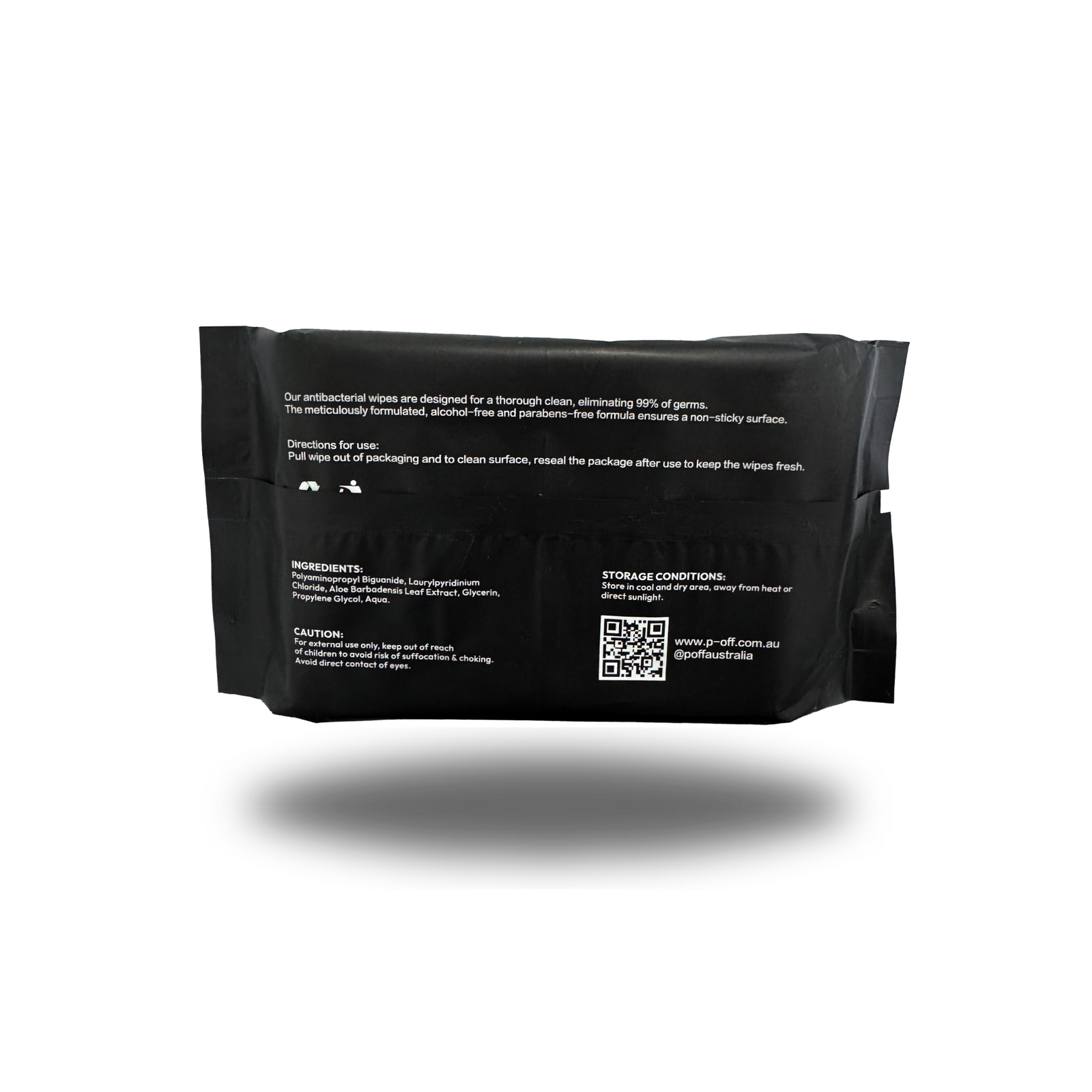 P-Off antibacterial wipes backside of package