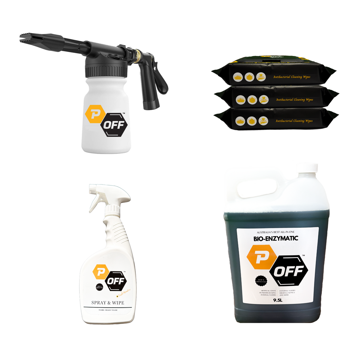 P-Off Enzymatic Cleaner Mega Pack on white bg with all parts included: 1 x Hydro Foamer, 3 x Antibacterial Wipes, 1 x Ready to Use Spray &amp; Wipe, 1 x 9.5L Bio-Enzymatic
