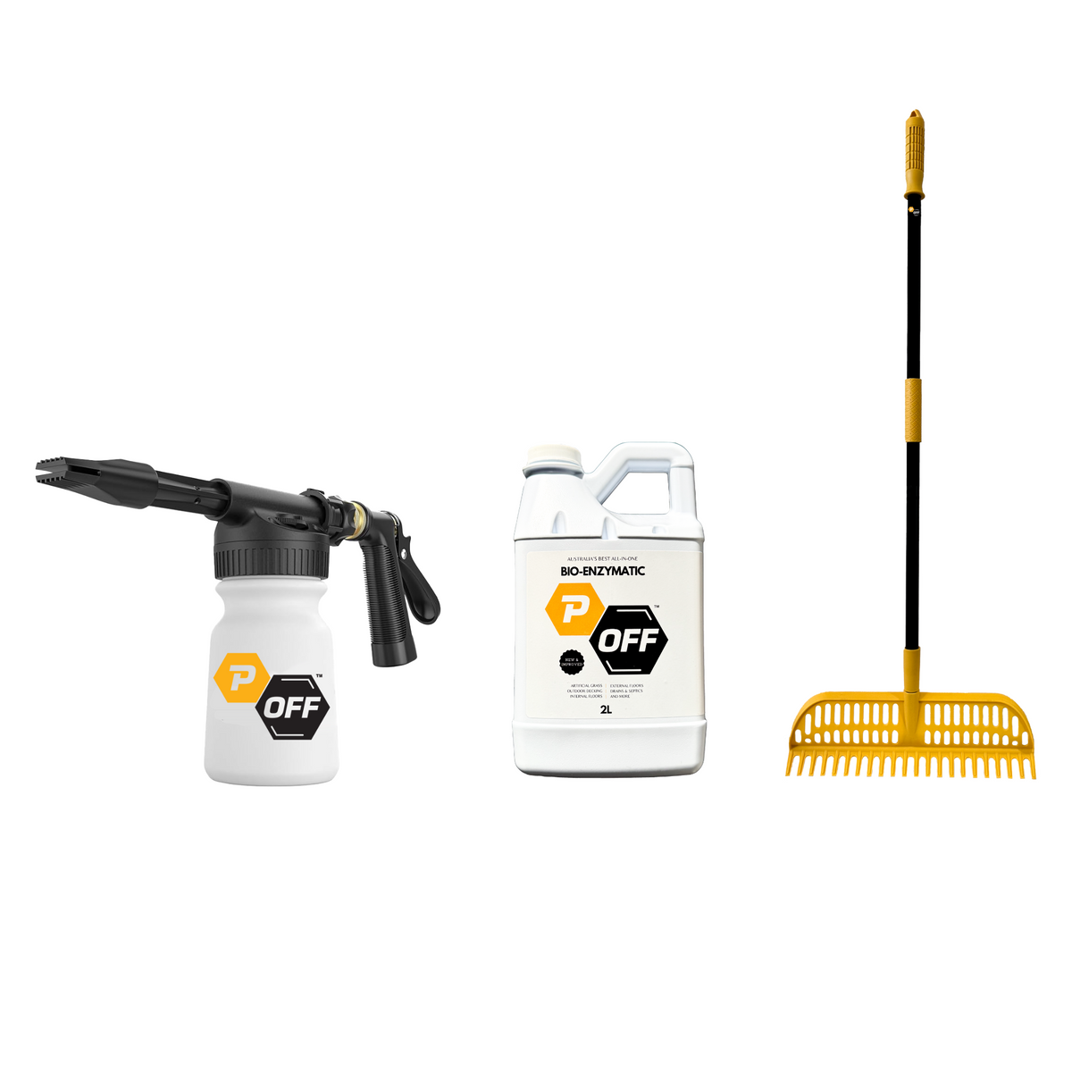 P-Off enzymatic synthetic turf cleaner starter pack. Perfect for turf owners with pets at home. Pack product shots grouped together on white background.