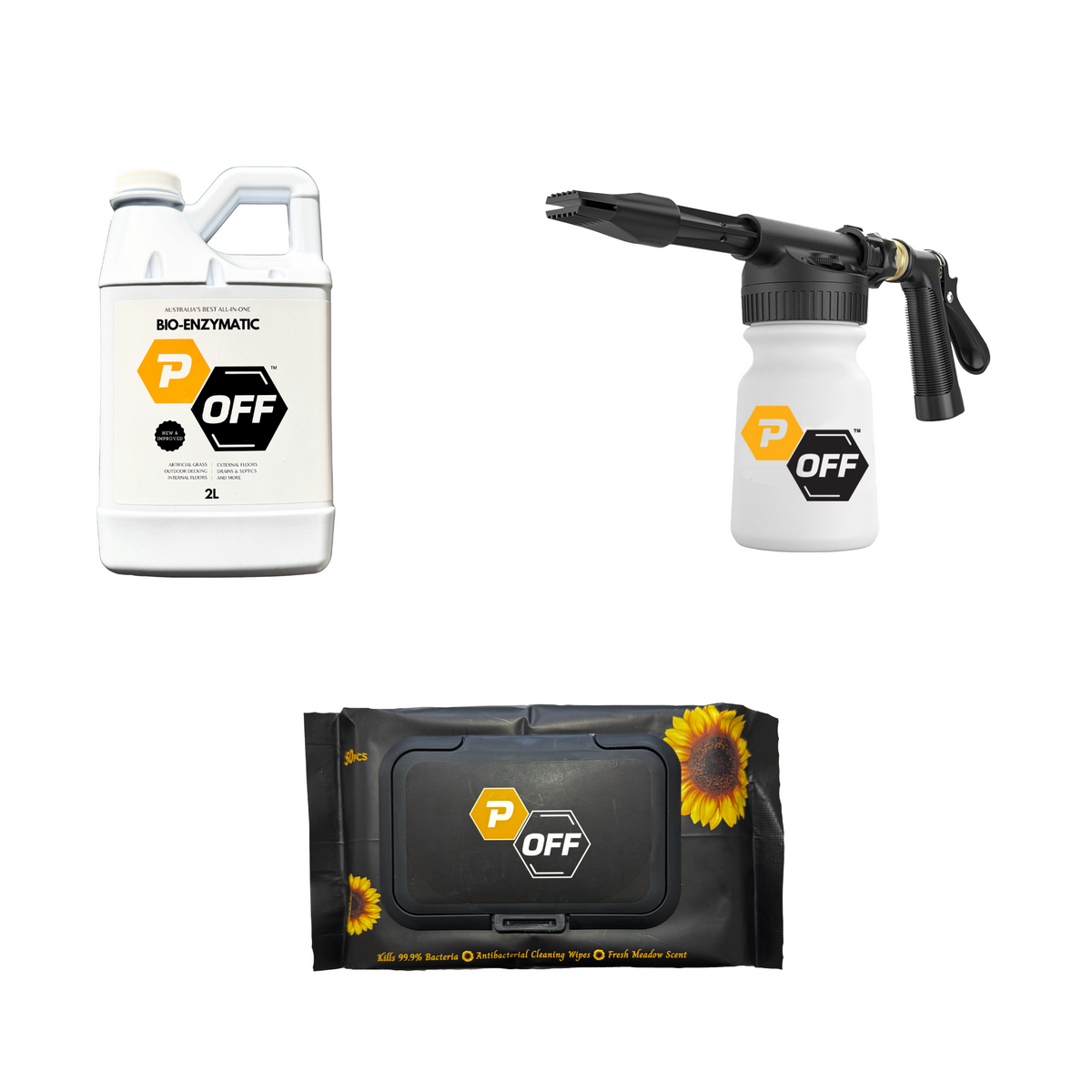 P-Off Enzyme Cleaner Starter Pack Australia urine remover brand product bundle on white background - product shots